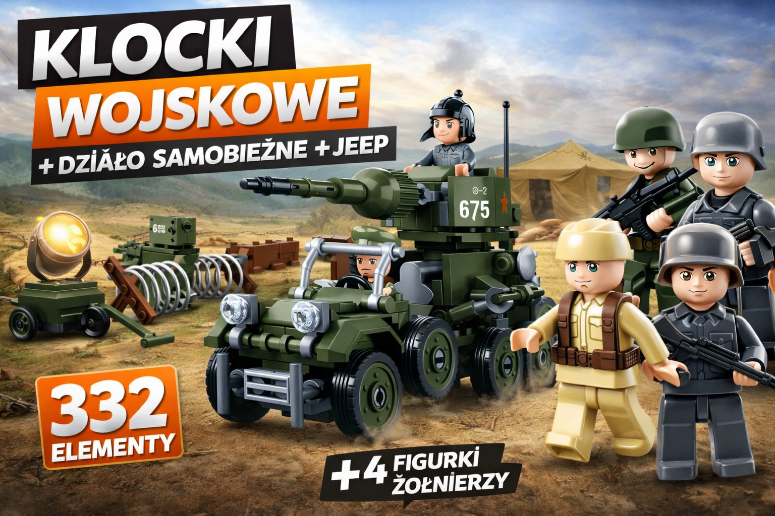 Klocki Wojsko Czołg Działo Samobieżne Jeep 1op. x4 zestaw