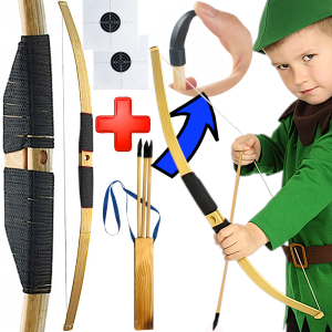 ŁUK Drewniany Klasyczny Dla Dzieci 64cm +Kołczan + 3 Strzały +Tarcze Zestaw Łucznika TOMDORIX