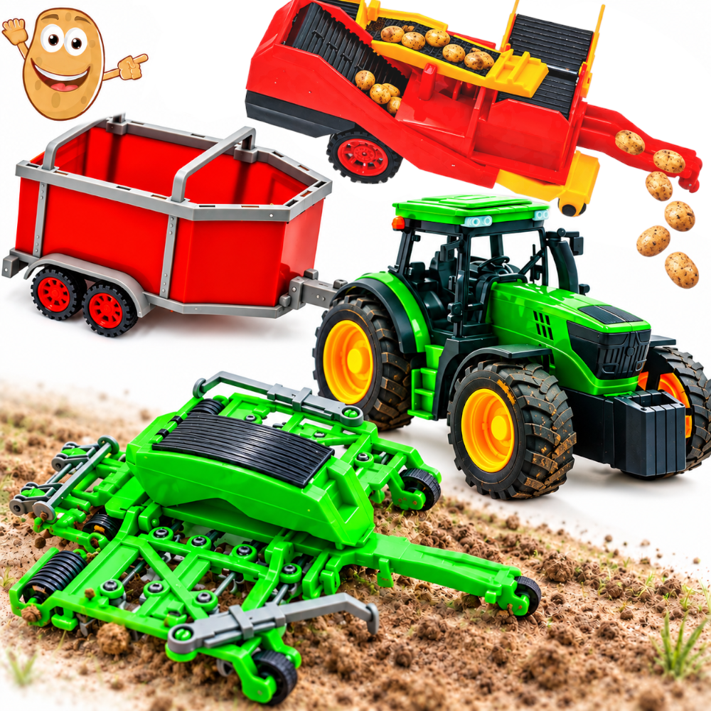 Zestaw Farmerski 3w1 Traktor z Napędem + Kultywator +Przyczepa Dla Zwierząt +Kombajn do Ziemniaków TOMDORIX