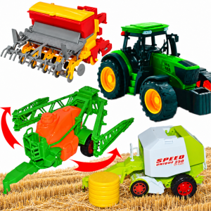Zestaw Farmerski 3w1 Traktor z Napędem + Siewnik, Prasa i Opryskiwacz TOMDORIX