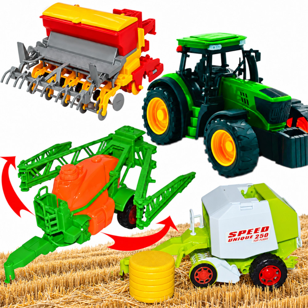 Zestaw Farmerski 3w1 Traktor z Napędem + Siewnik, Prasa i Opryskiwacz TOMDORIX