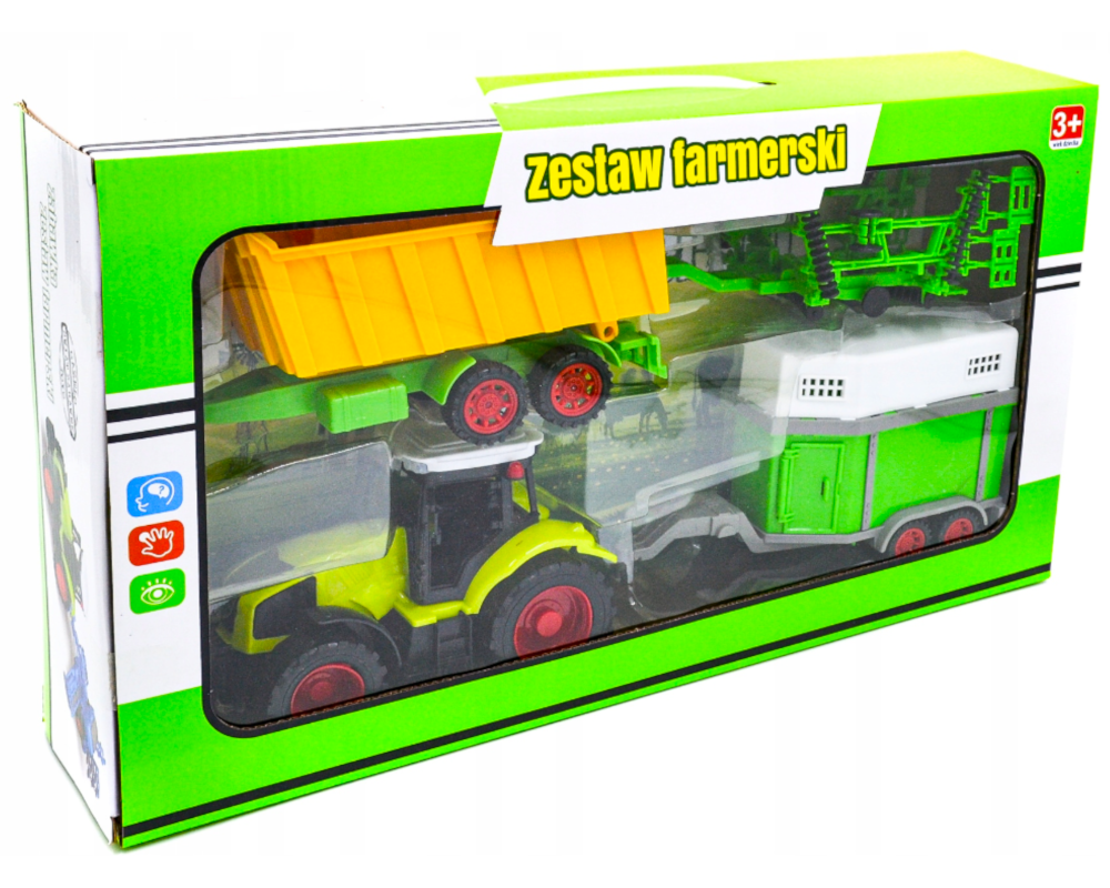 Zestaw Farmerski 3w1 Traktor Z Napędem + Przyczepa Dla Zwierząt, Brona Talerzowa, Przyczepa Do Zboża TOMDORIX