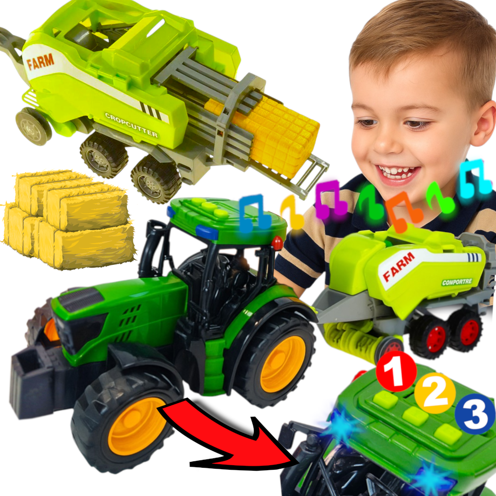 Ciągnik TRAKTOR NA BATERIE Przyczepa Prasa Zestaw Farmera Światło Dźwięk TOMDORIX