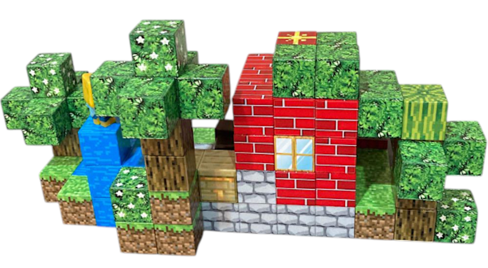Klocki MINECRAFT Magnetyczne Sześciany Piksele Dom Z Drzewami 108el + 3 Ludziki TOMDORIX