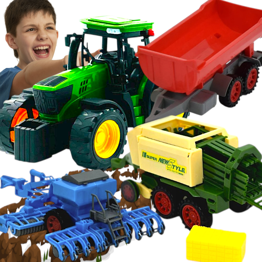 Zestaw Farmerski Traktor JOHN DEERE +Prasa +Kultywator +Przyczepa Do Zboża TOMDORIX