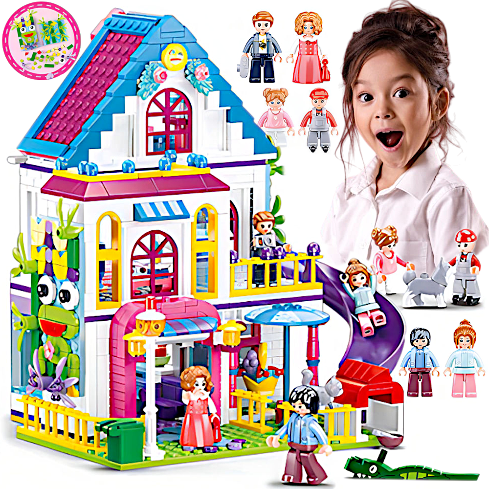 Klocki Duży Trzypiętrowy DOM LUKSUSOWY WILLA Ze Zjeżdżalnią 730el 6 Figurek Tomdorix
