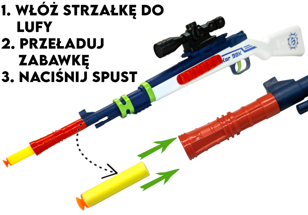 Duży Karabin Myśliwski Sztucer Na Kulki Żelowe Wyrzutnia NERF + 10szt Strzałki TOMDORIX