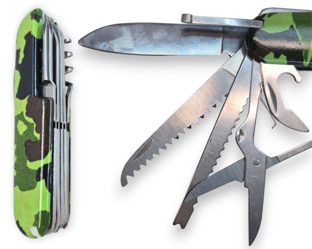 Scyzoryk Wielofunkcyjny Wojskowy CAMO – 10w1 Niezbędnik Korkociąg Tomdorix