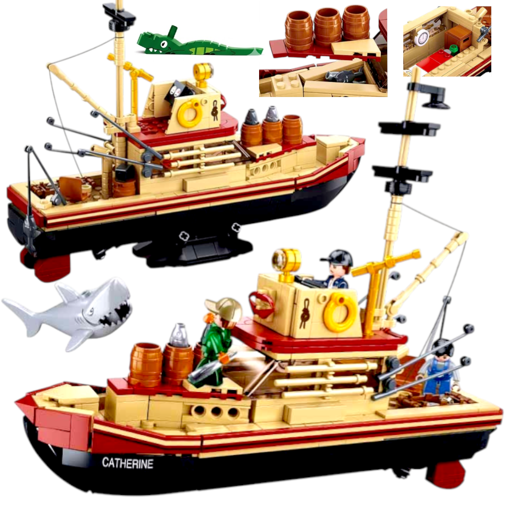 Klocki ŁÓDŹ RYBACKA Statek Wędkarski Okręt Z Rekinem 3 Figurki Tomdorix
