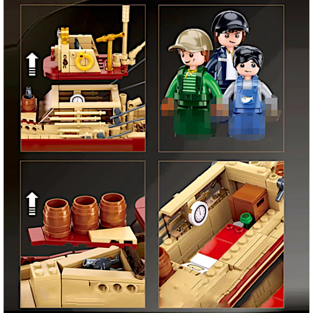 Klocki ŁÓDŹ RYBACKA Statek Wędkarski Okręt Z Rekinem 3 Figurki Tomdorix