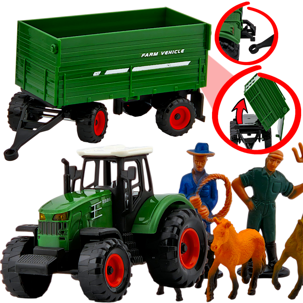 Duża FARMA Traktor Ciągnik + Przyczepa Wywrotka +Zwierzęta Konie Zestaw XXL TOMDORIX