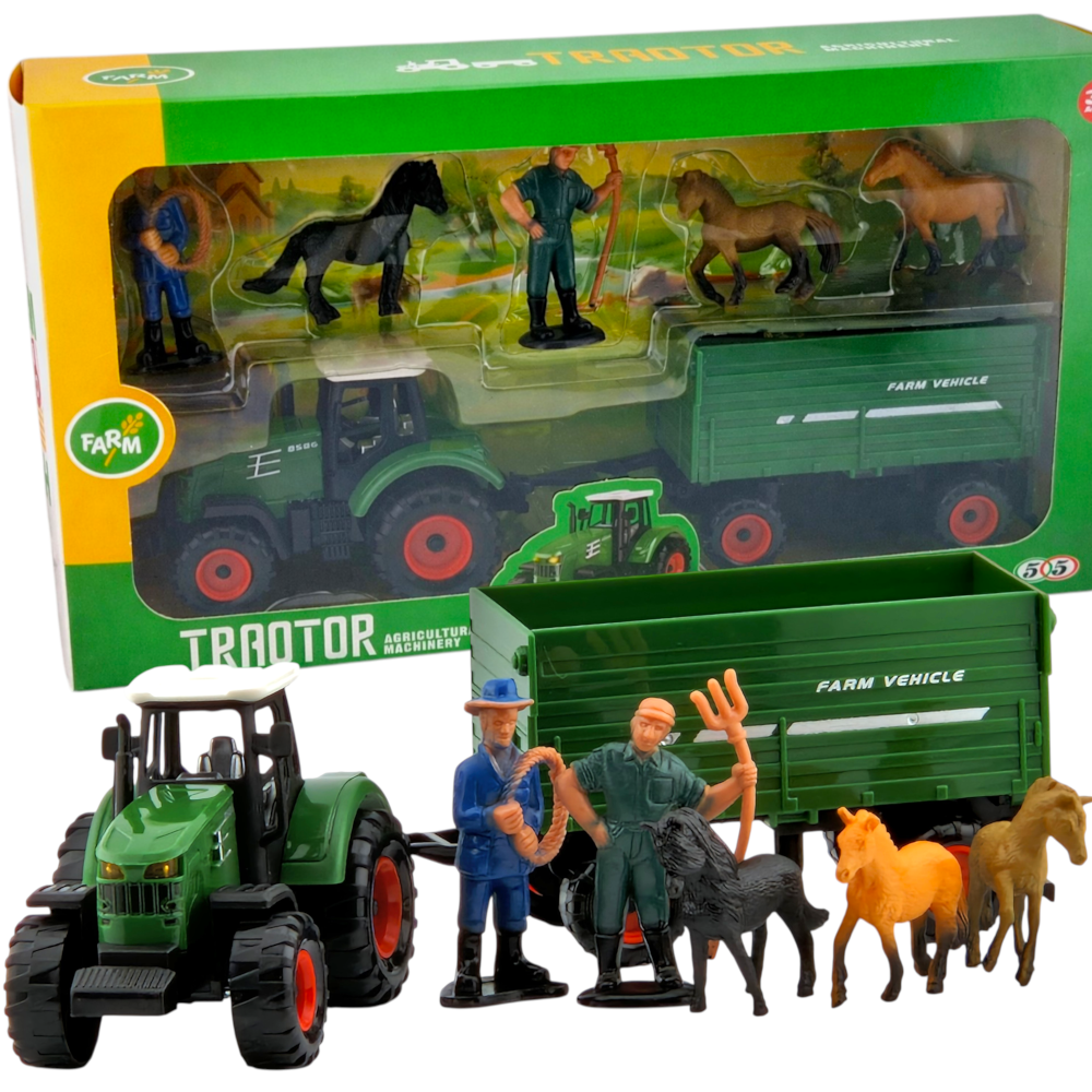 Duża FARMA Traktor Ciągnik + Przyczepa Wywrotka +Zwierzęta Konie Zestaw XXL TOMDORIX
