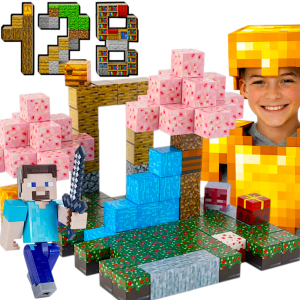 Klocki MINECRAFT Magnetyczne Sześciany Pixele Japoński Ogród Sakura + 4 Figurki 128el TOMDORIX