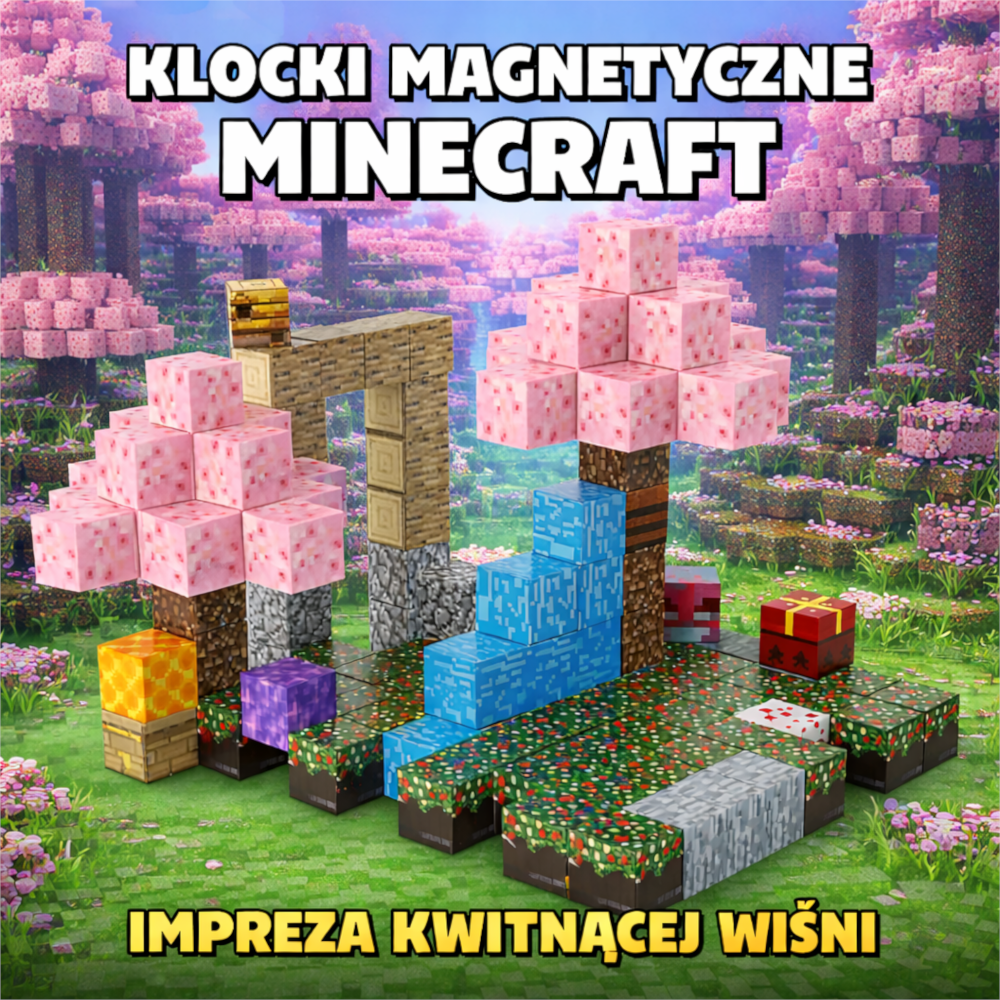 Klocki MINECRAFT Magnetyczne Sześciany Pixele Japoński Ogród Sakura + 4 Figurki 128el TOMDORIX