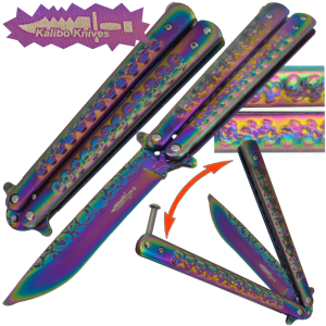 Motylek Nóż Treningowy Lekki Składany Tępy BEZPIECZNY CZASZKI Tęczowy Tomdorix