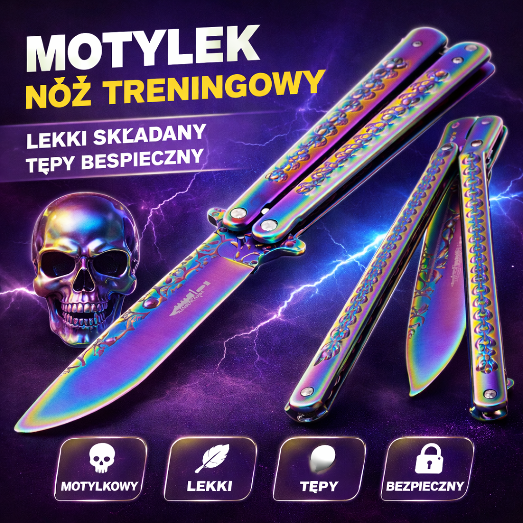 Motylek Nóż Treningowy Lekki Składany Tępy BEZPIECZNY CZASZKI Tęczowy Tomdorix