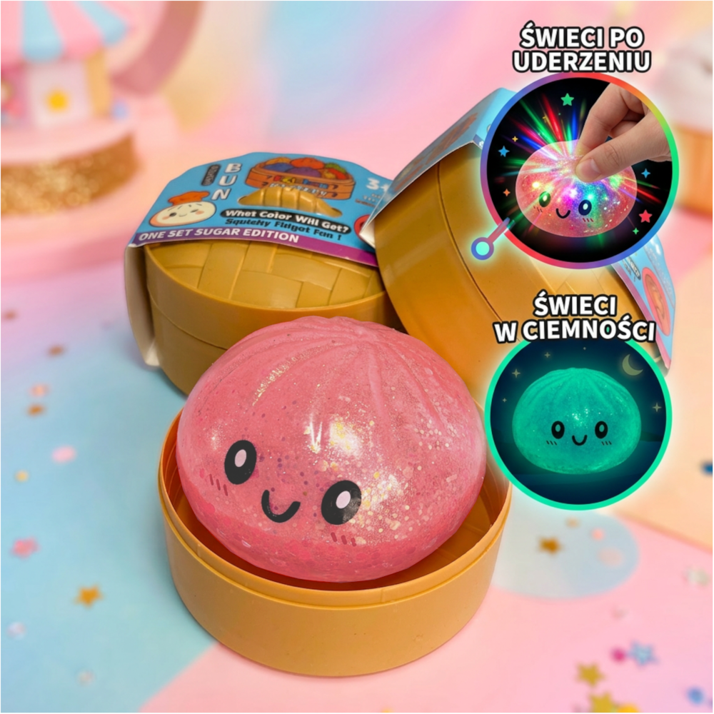 Duży Gniotek PIERÓG XXL Antystresowy Squishy Brokatowy ŚWIECĄCY LED+UV 160g TOMDORIX