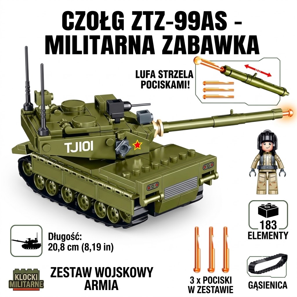 Klocki CZOŁG ZTZ-99AS Działo Strzela 183 el Armia Wojsko FIGURKA Tomdorix